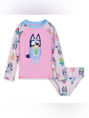 Bluey Kids Girls Pink Long-Sleeve Rashguard Swim Set Sz 10-12